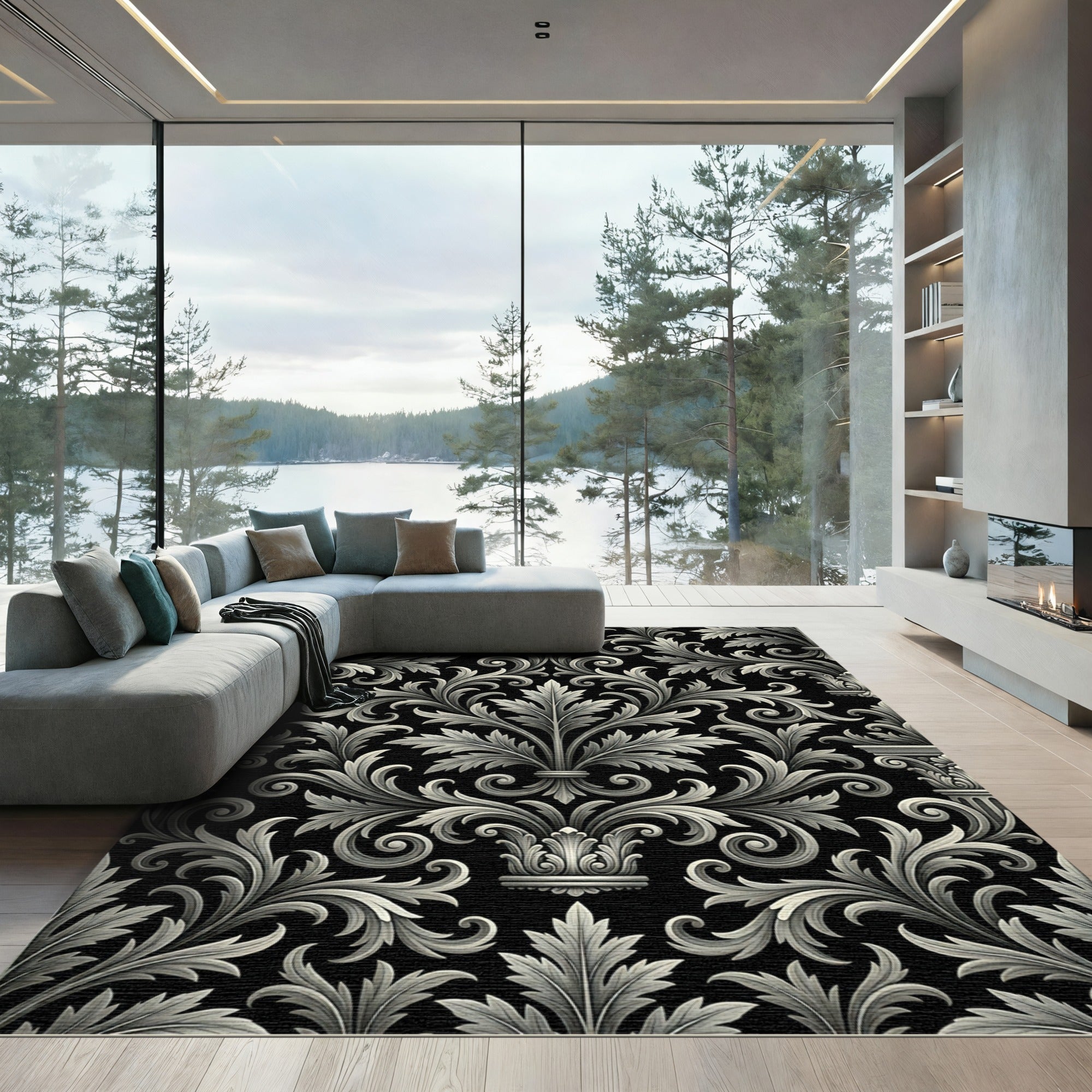 White Acanthus Scrollwork Classic Medallion Rug