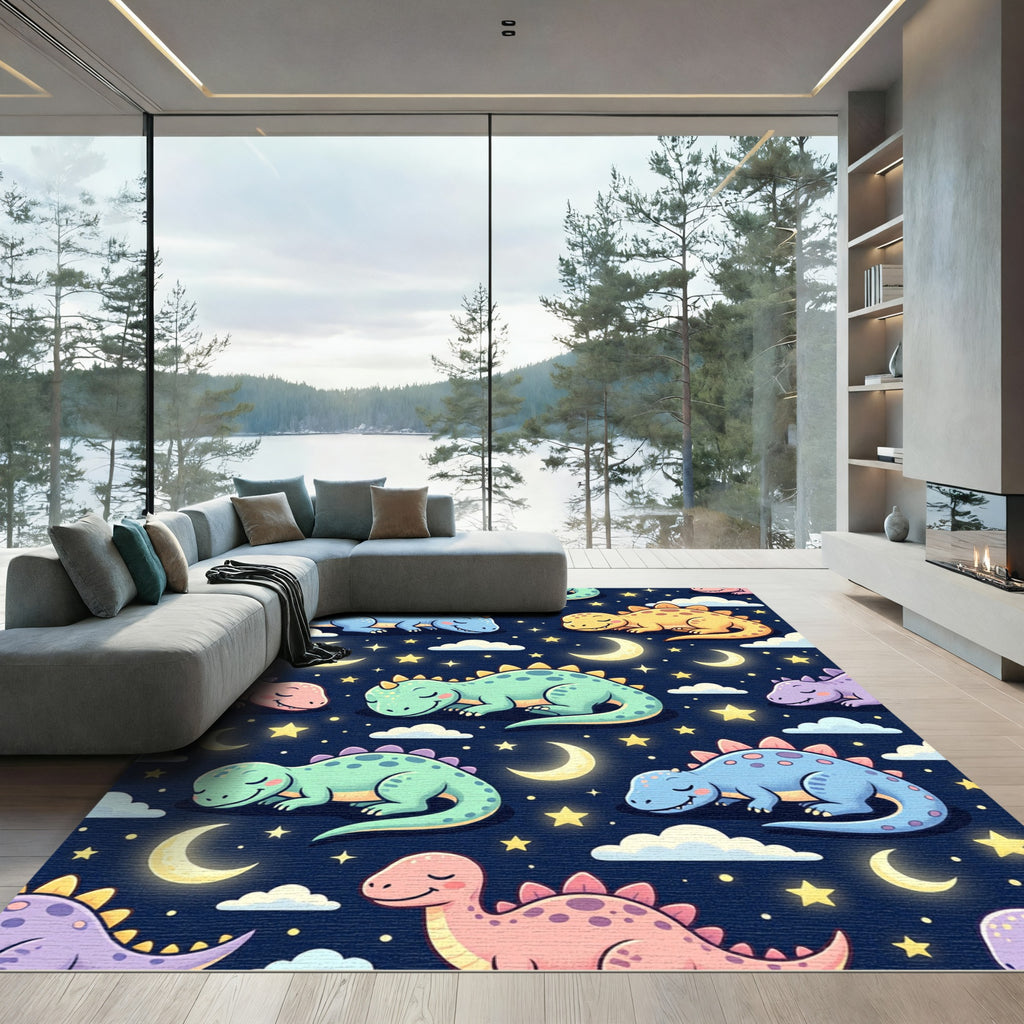 Whimsical Sleeping Dinosaur Starry Night Rug