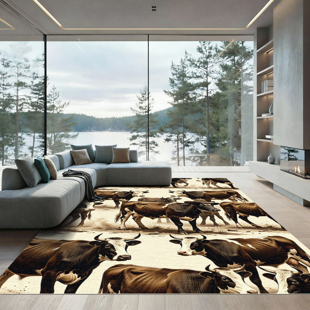 Rustic Brown Highland Cow Farmstead Scene Rug
