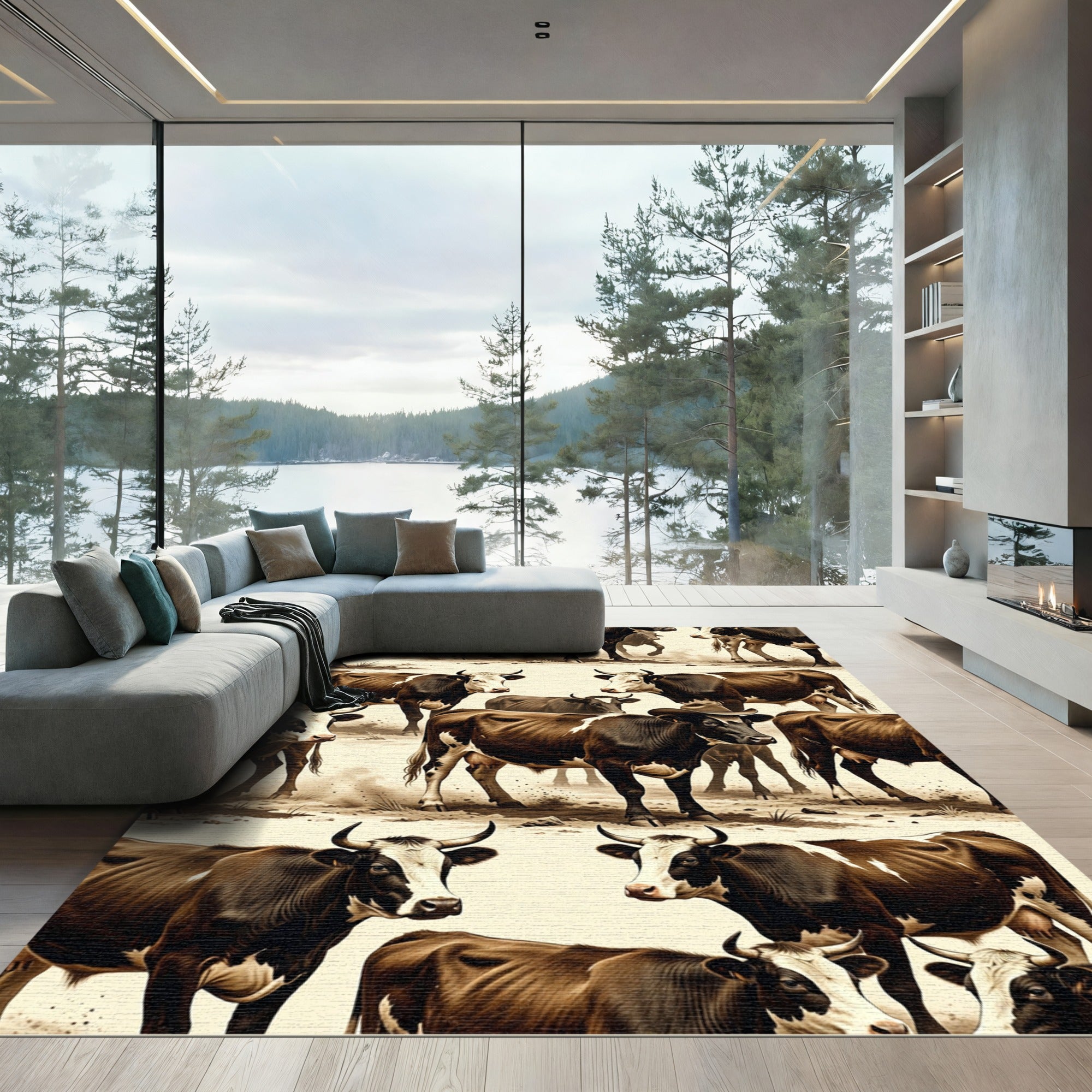 Rustic Brown Highland Cow Farmstead Scene Rug