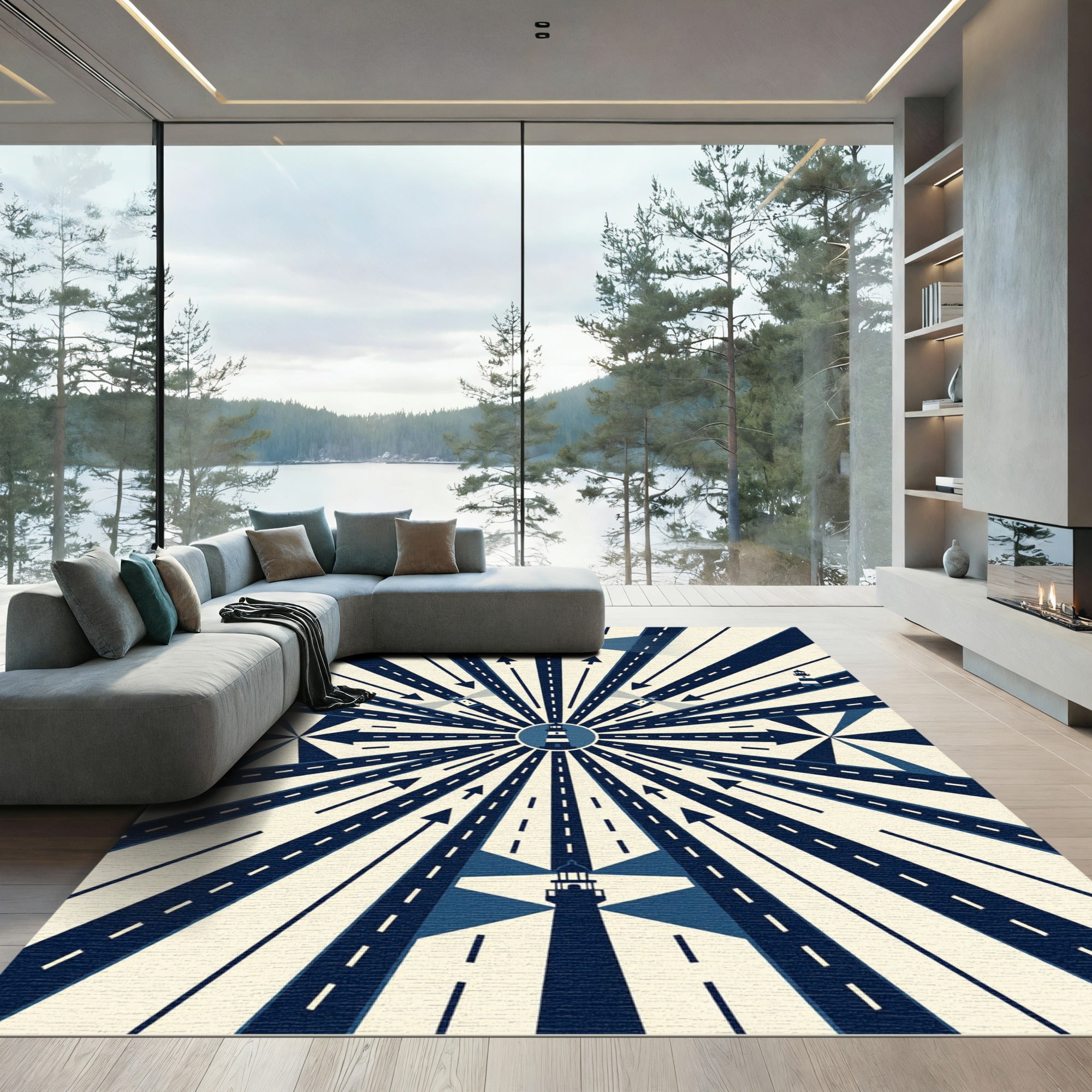Geometric Navy Lighthouses Radial Ray Rug