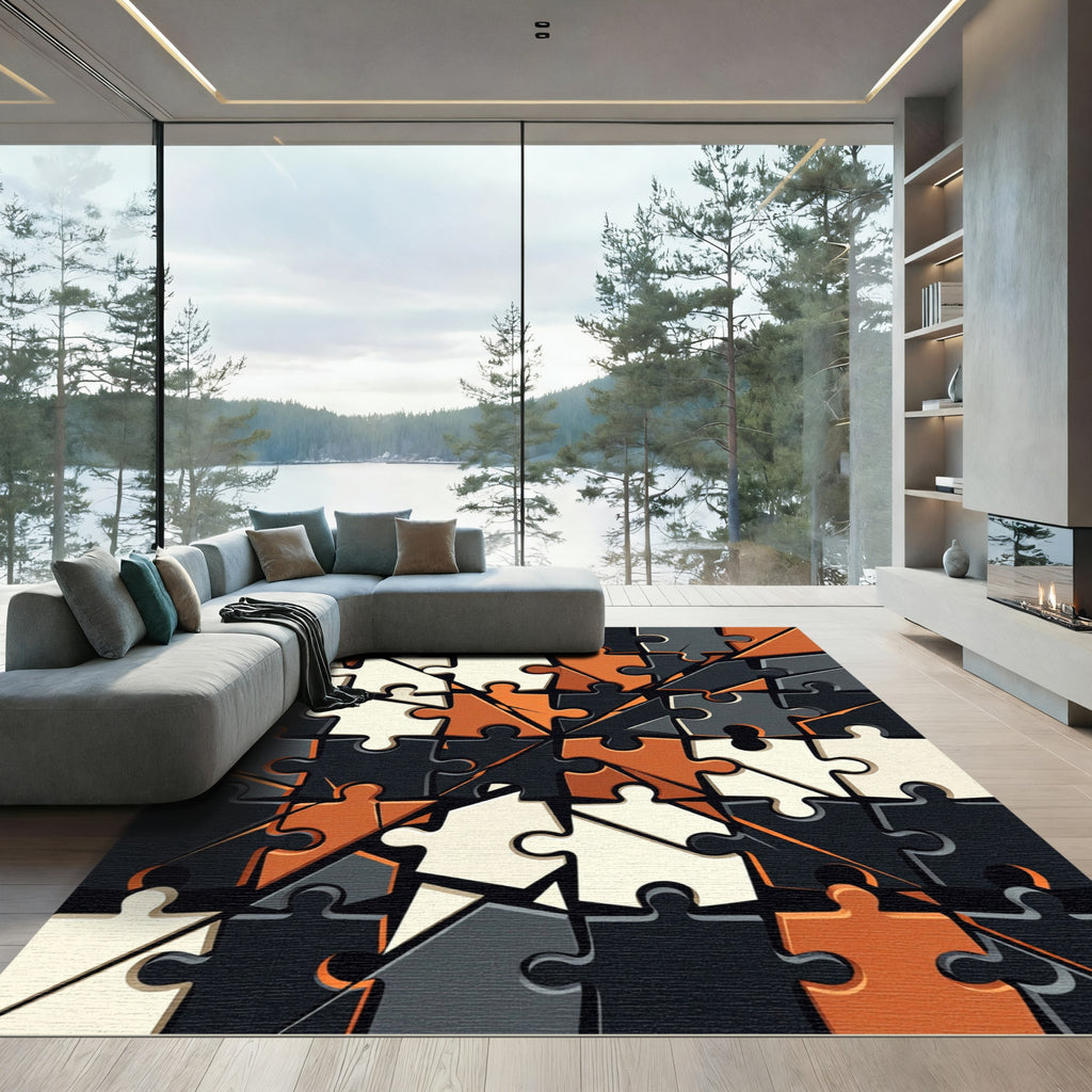 Modern Geometric Monochrome Mosaic Puzzle Rug