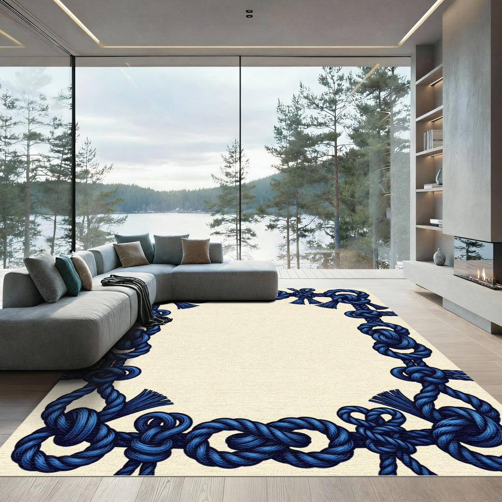 Deep Blue Nautical Knot Border Rug