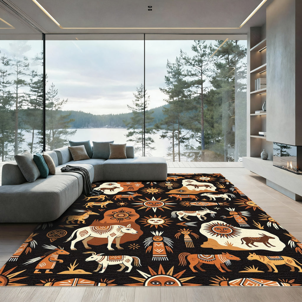 Tribal Sun Horse Figures Orange Black Rug