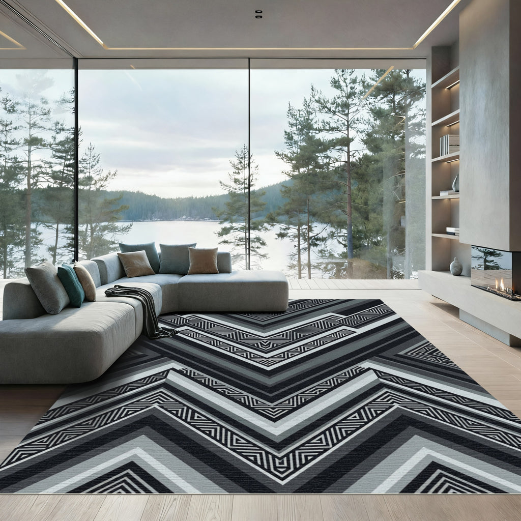 Monochromatic Angular Charcoal Geometric Chevron Rug
