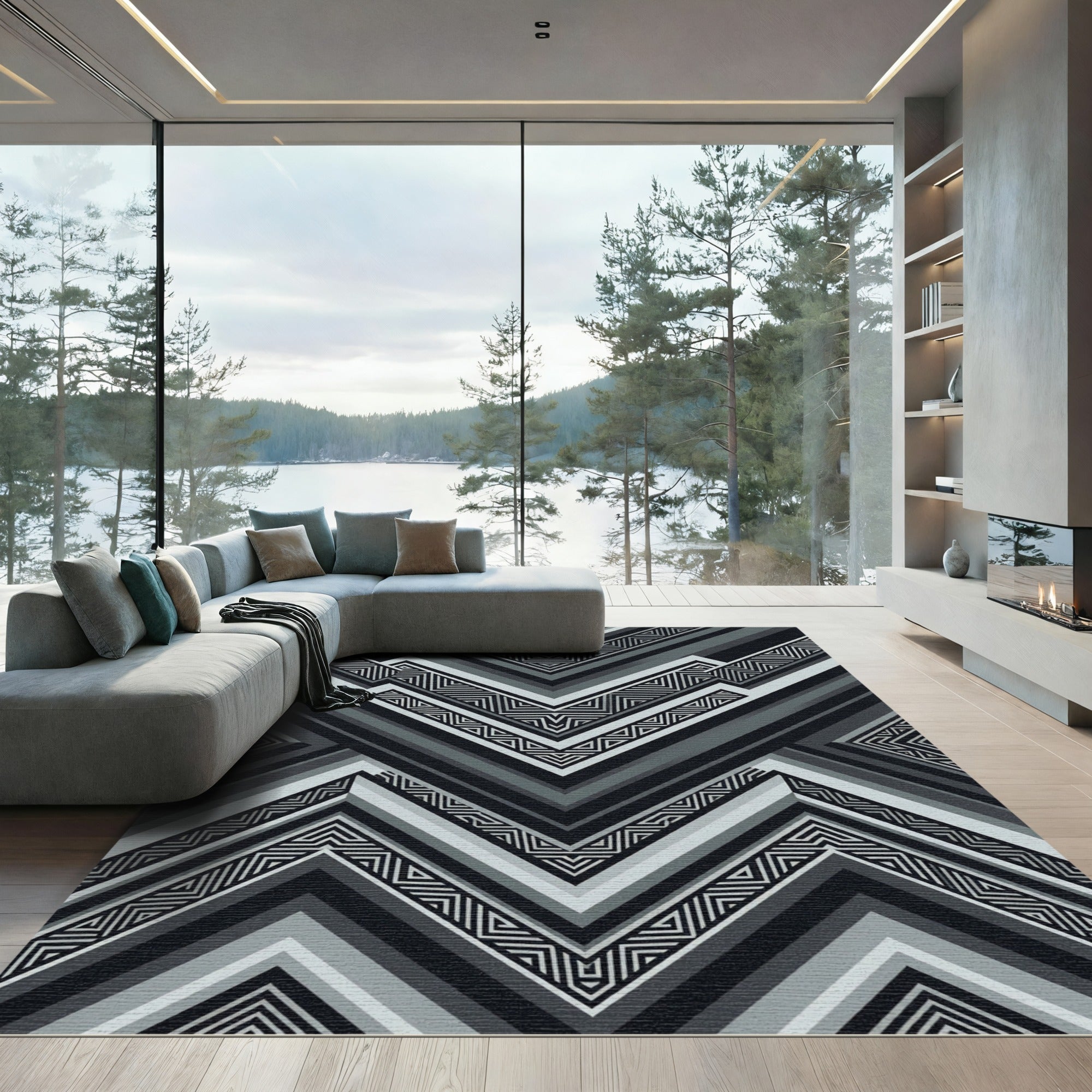 Monochromatic Angular Charcoal Geometric Chevron Rug