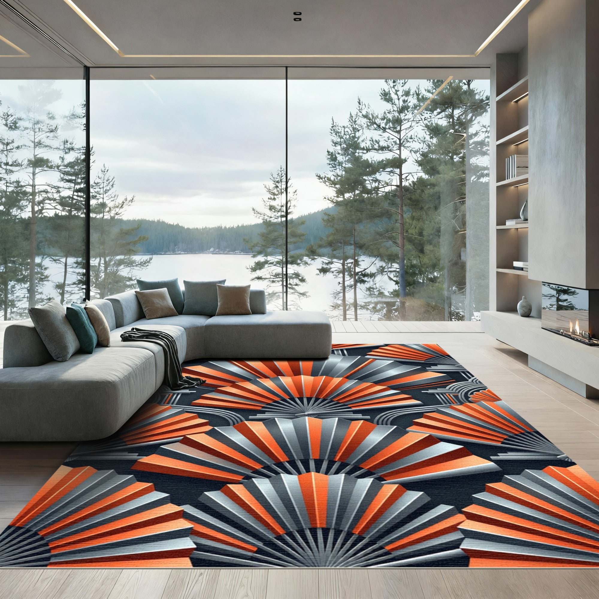 Art Deco Copper and Slate Fan Rug