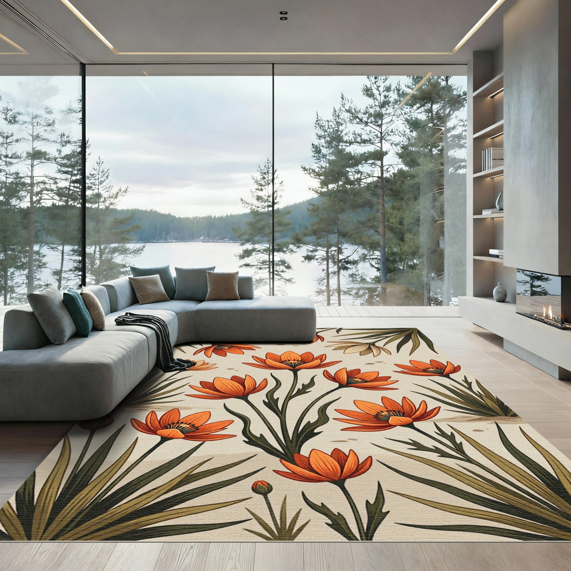 Botanical Amber Orange Desert Flower Area Rug
