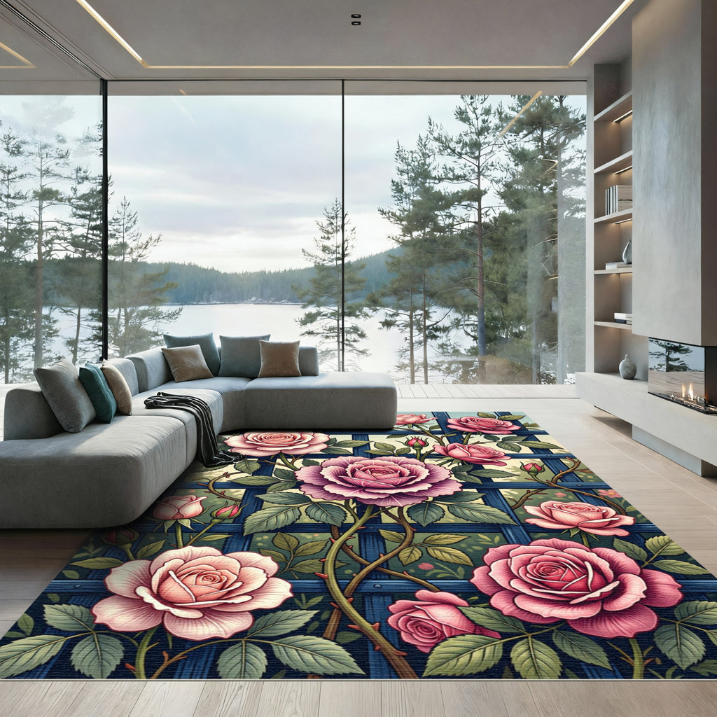 Romantic Pink Rose Trellis Garden Rug