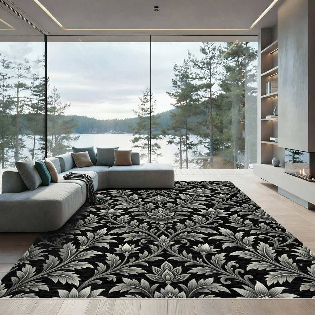 Monochrome Floral Scrollwork Damask Rug
