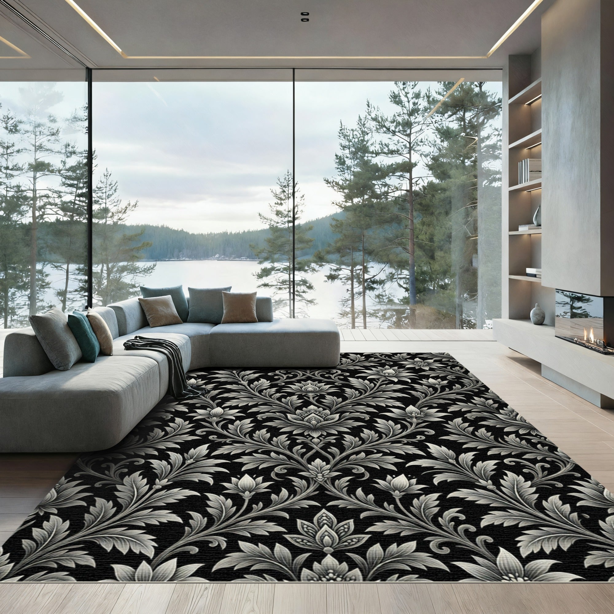 Monochrome Floral Scrollwork Damask Rug