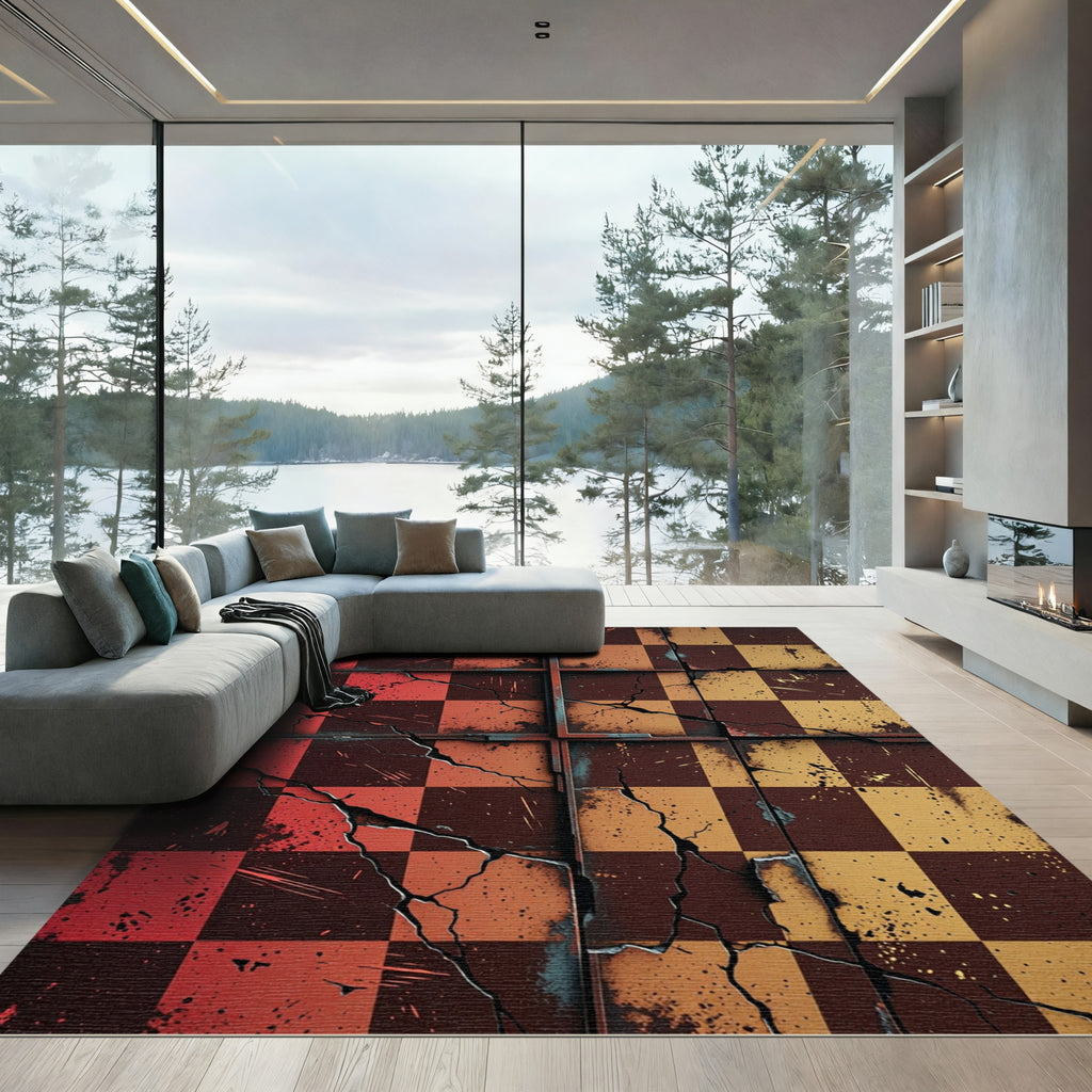 Crimson Amber Cracked Checkerboard Rug