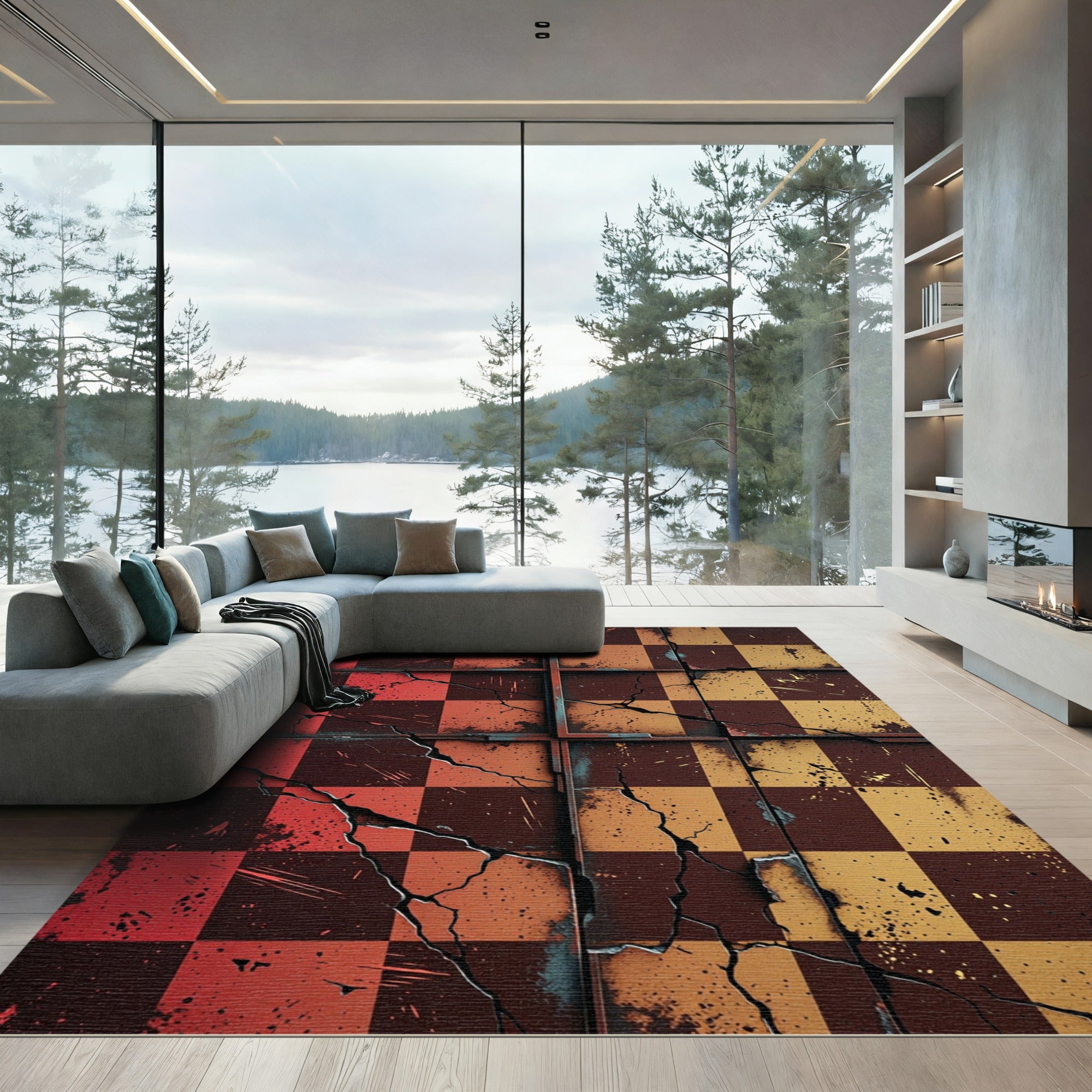 Crimson Amber Cracked Checkerboard Rug