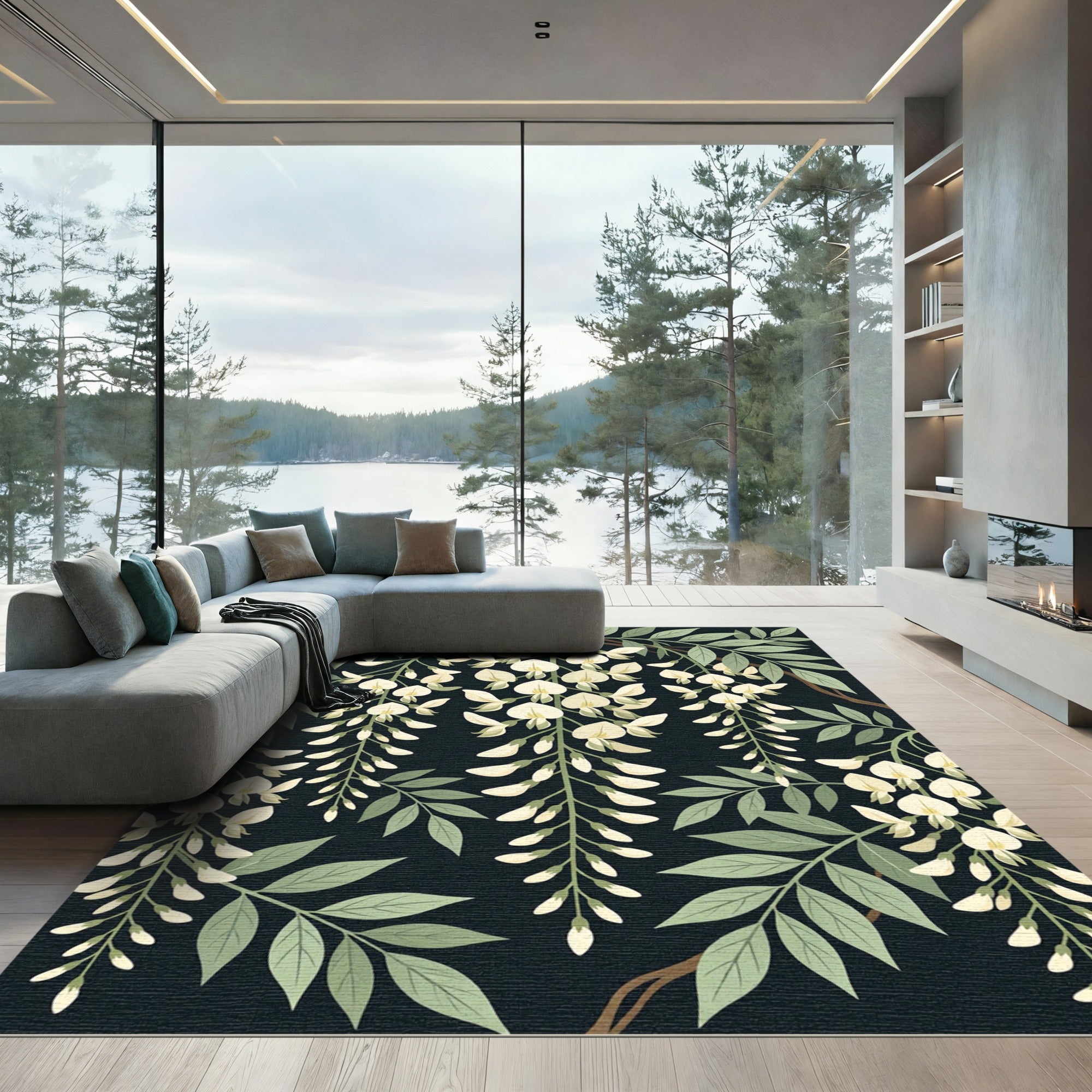 Elegant White Wisteria Botanical Black Rug