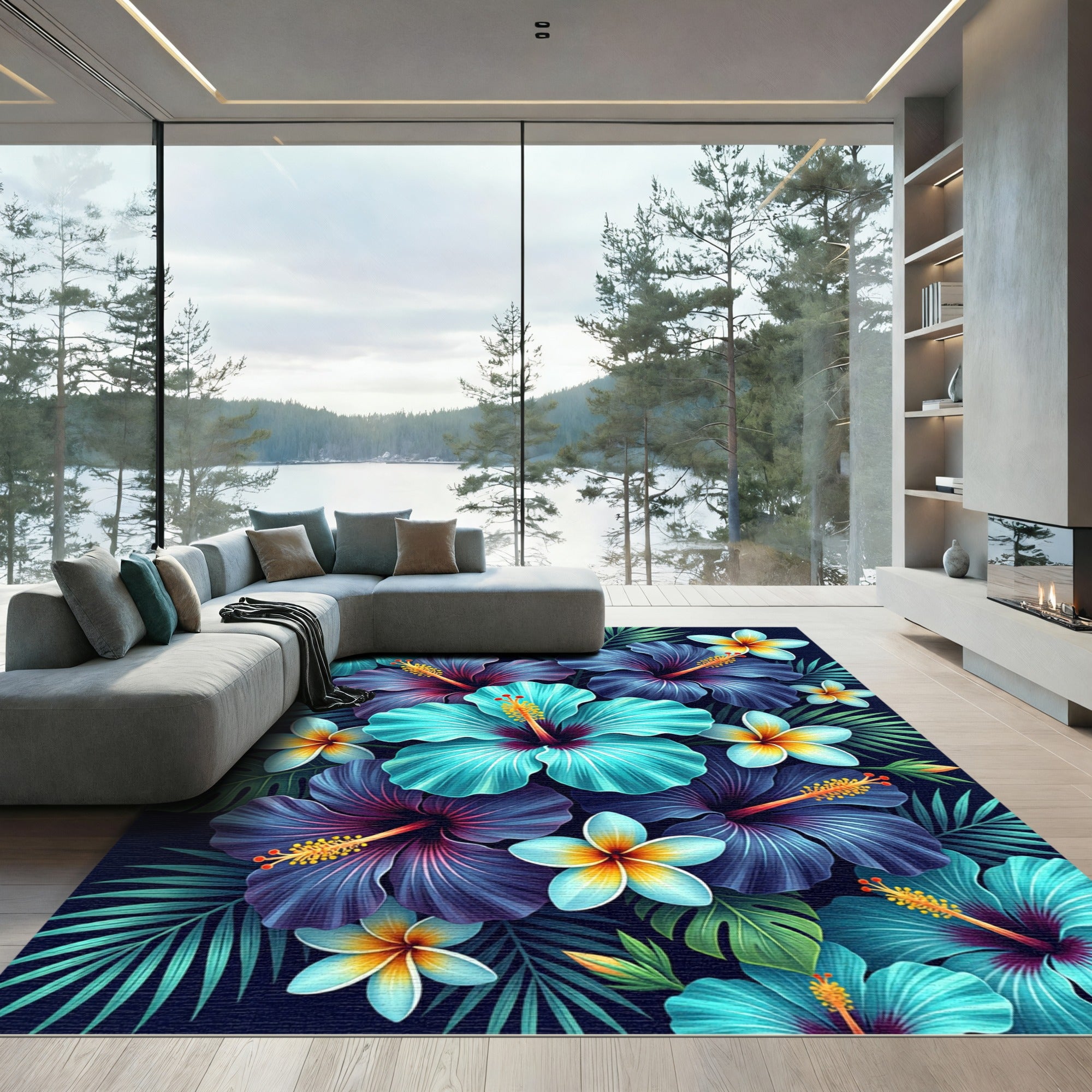 Lush Tropical Hibiscus and Plumeria Bloom Rug