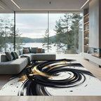 Bold Black and Gold Abstract Swirl Rug