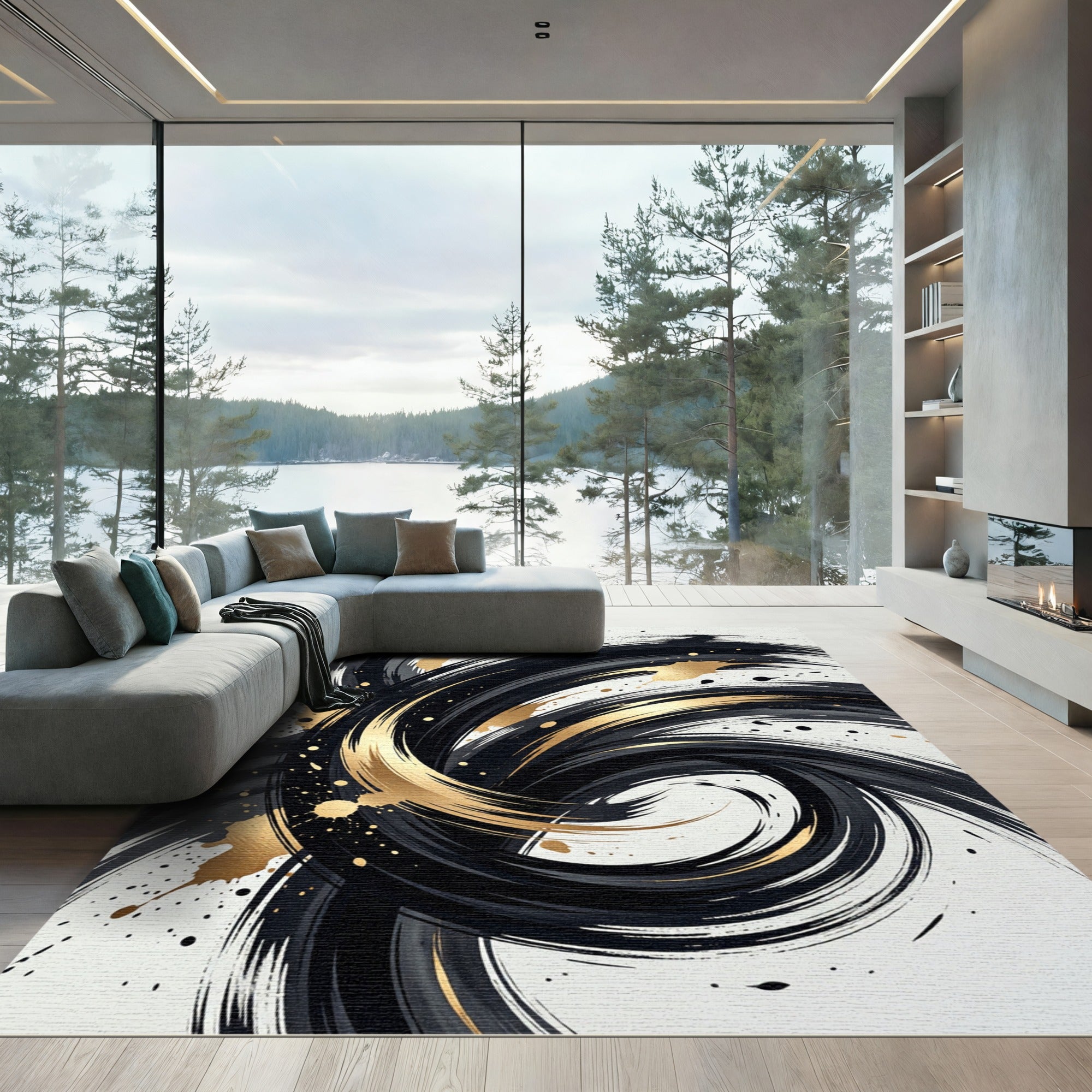 Bold Black and Gold Abstract Swirl Rug