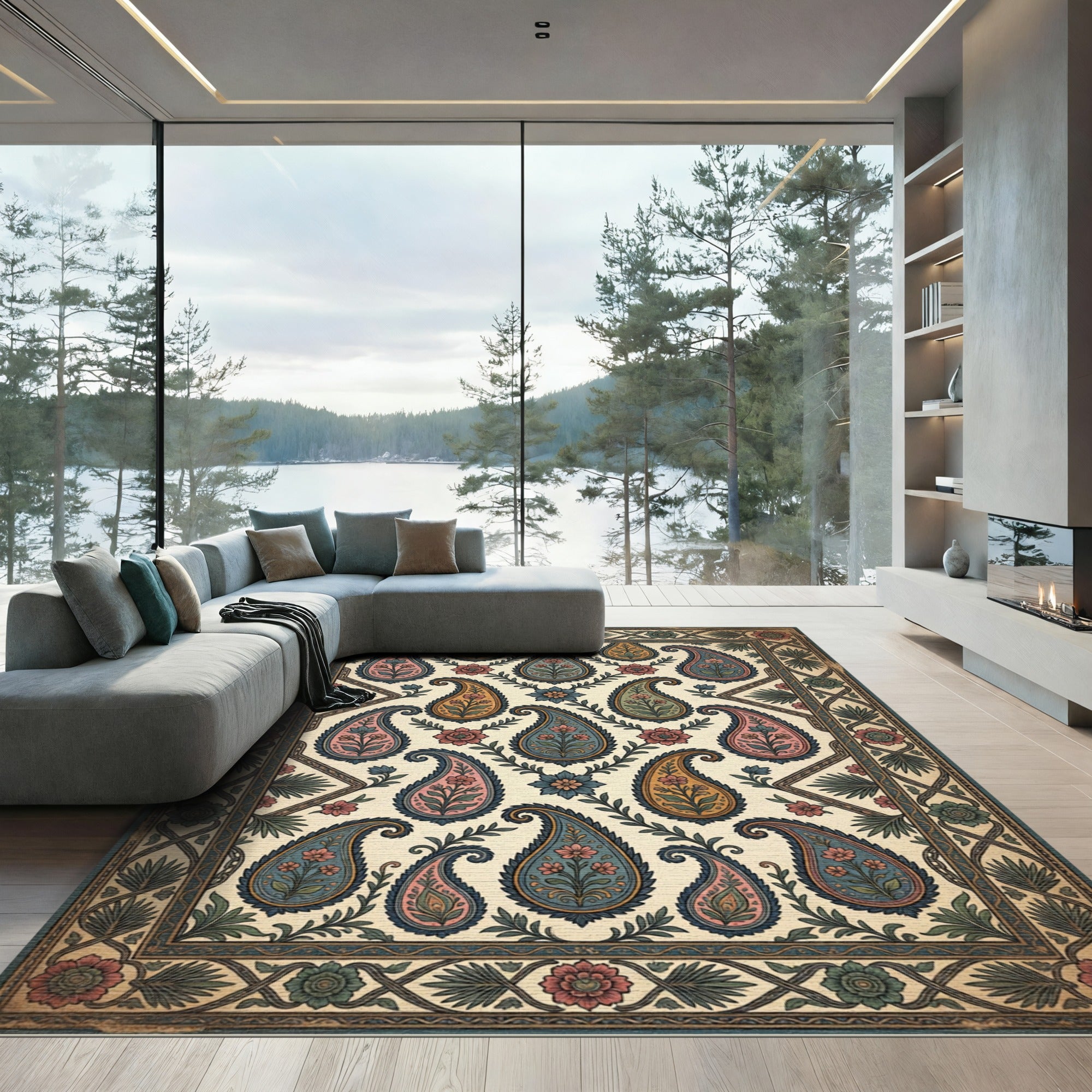 Paisley Floral Bordered Medallion Pattern Rug
