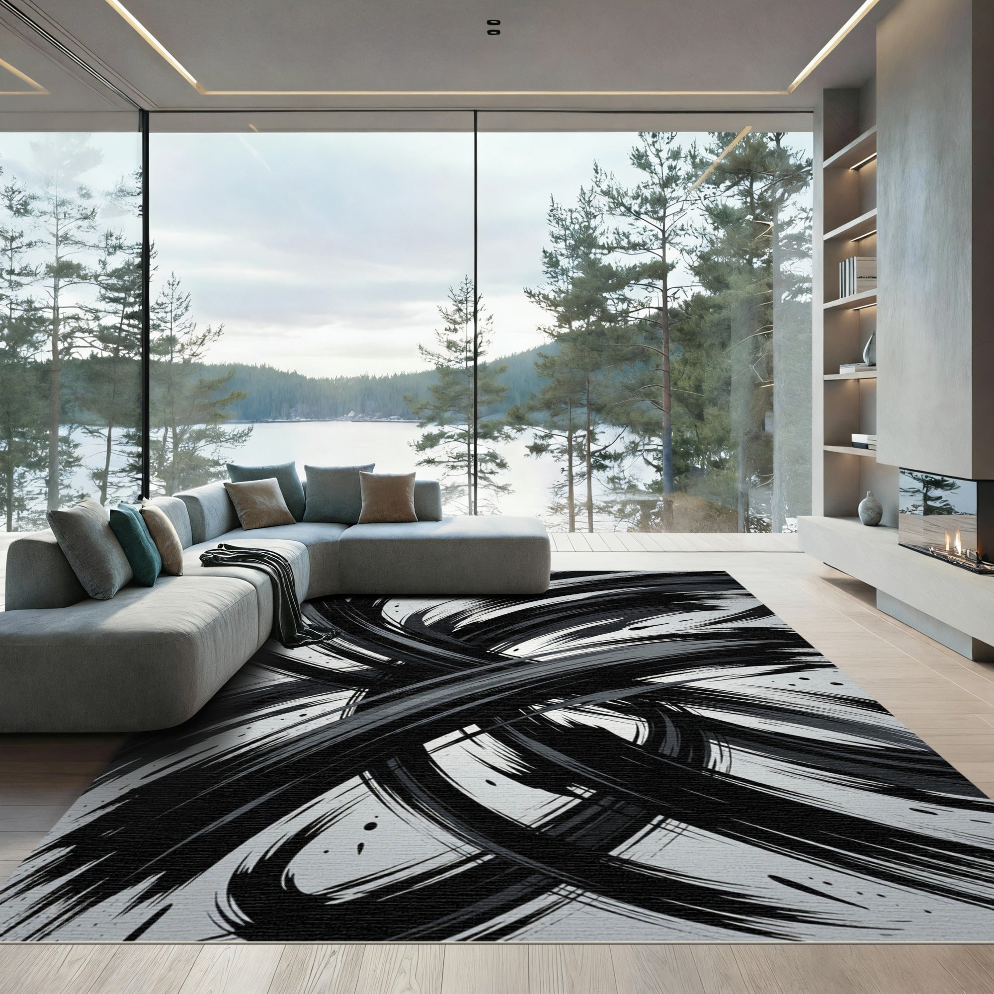 Bold Black Ink Brushstroke Swirl Rug