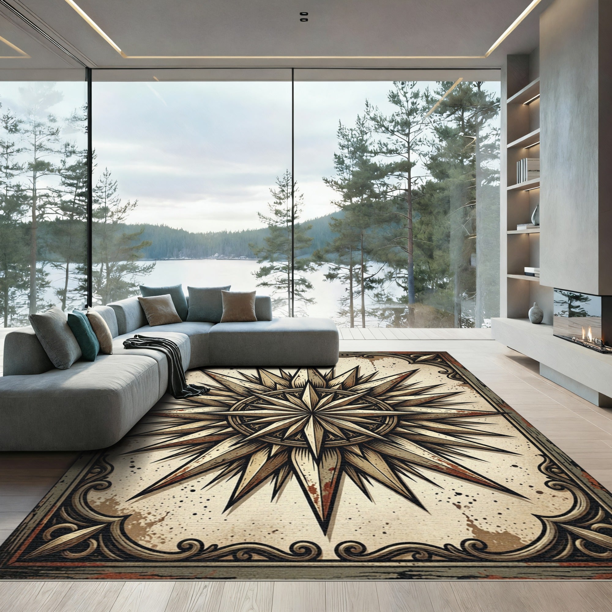 Vintage Nautical Compass Star Medallion Rug
