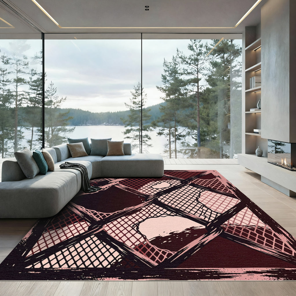 Abstract Crimson Dark Mesh Grid Rug