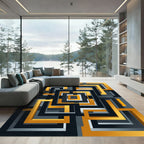 Golden Black Geometric Labyrinth Rug