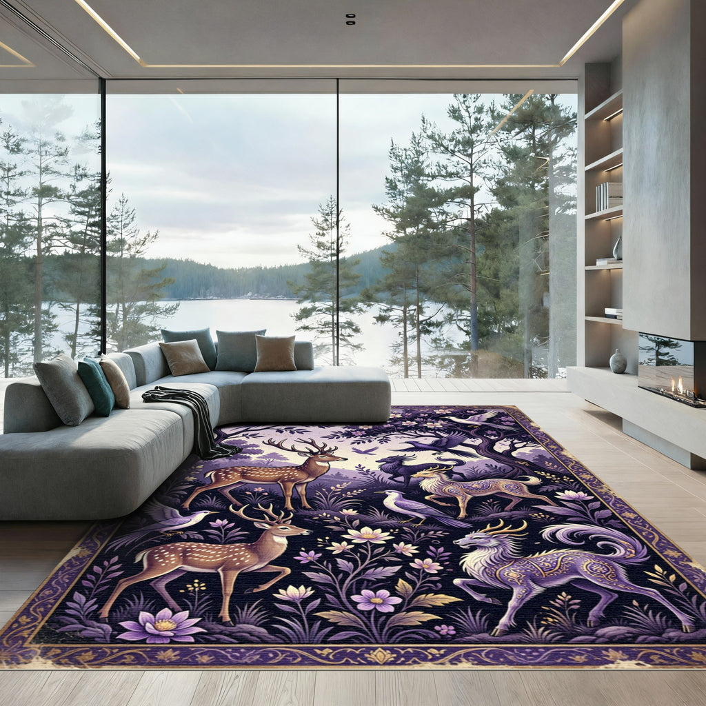 Enchanted Purple Forest Deer Meadow Rug