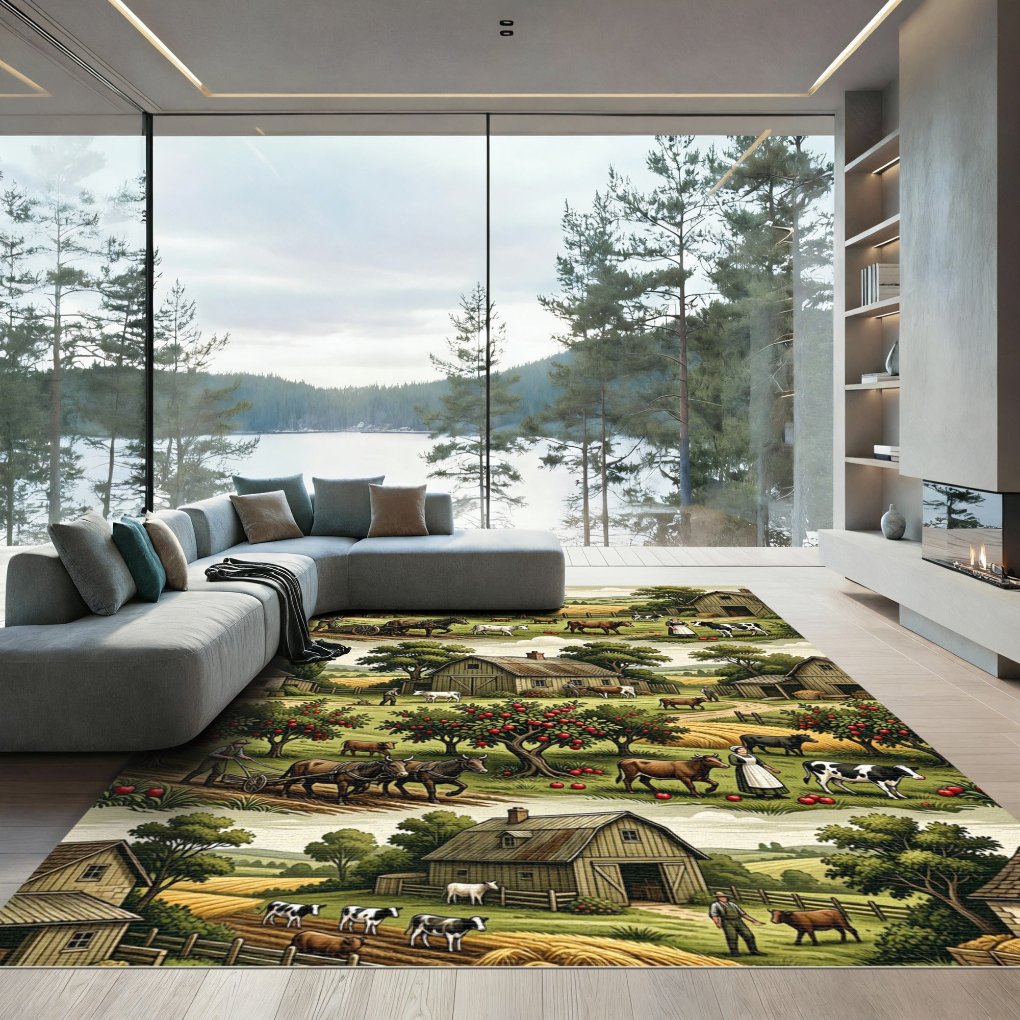 Whimsical Farmhouse Apples Cows Fields Rug