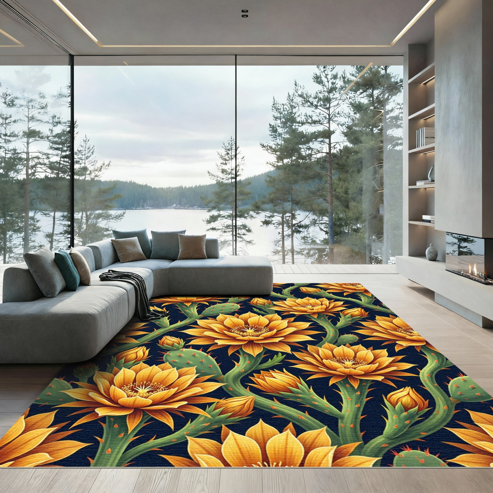 Golden Cactus Flower Desert Bloom Rug