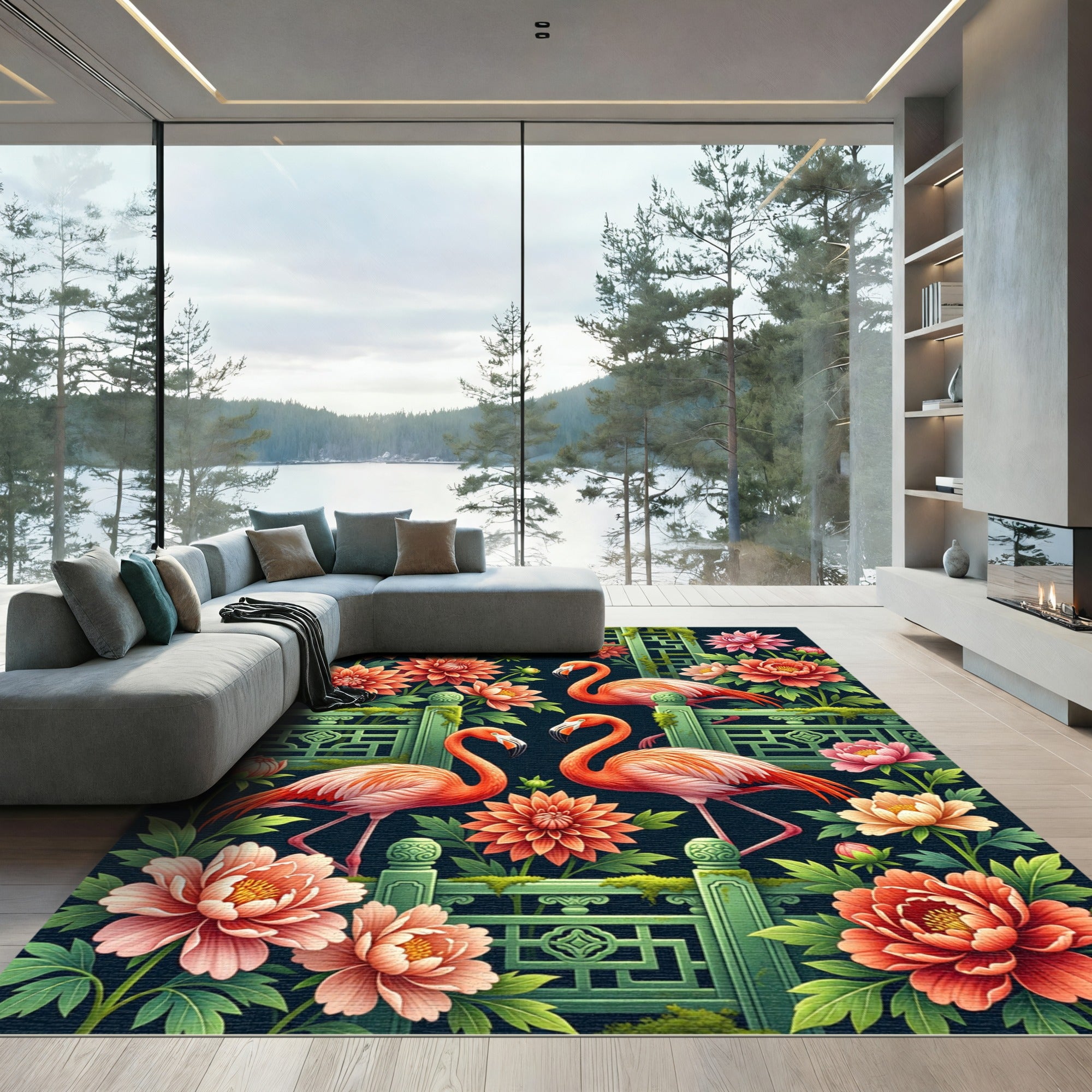 Elegant Flamingo Peony Chinoiserie Art Rug