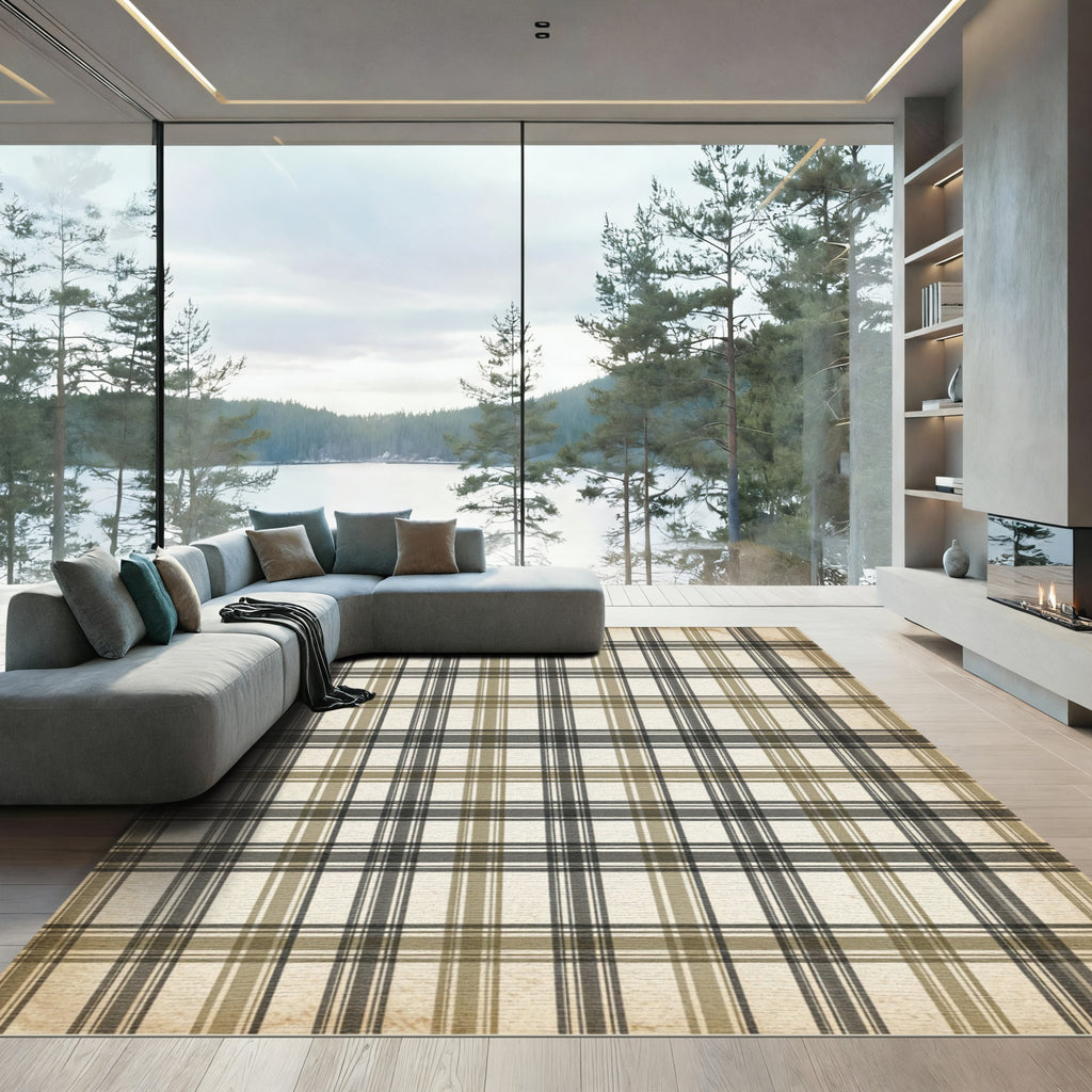 Vintage Beige Plaid Checkered Rug