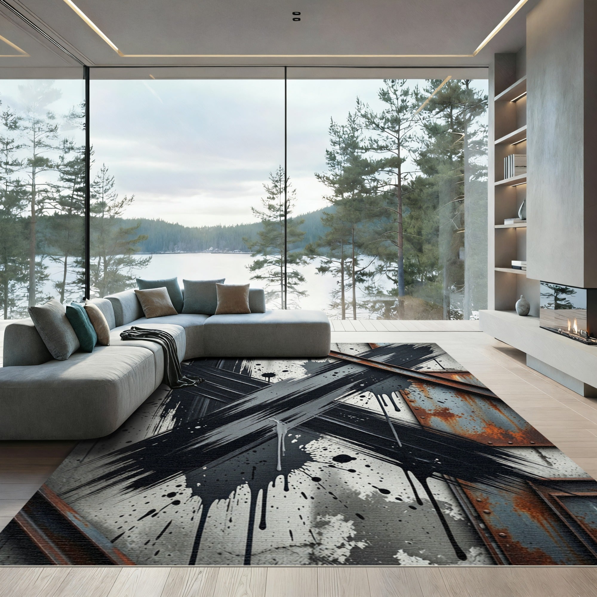 Abstract Black Ink Industrial Grunge Cross Rug