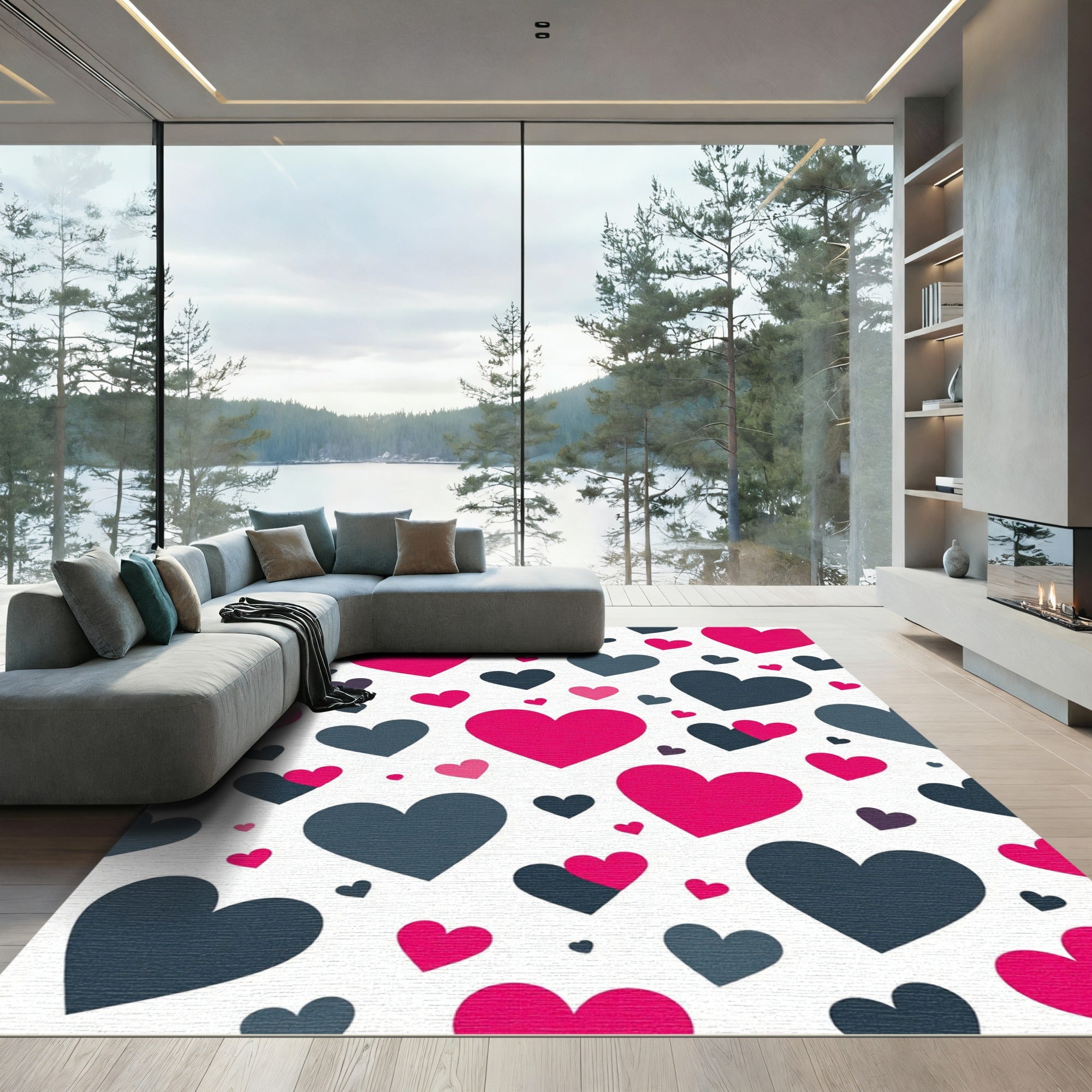 Playful Pink and Charcoal Heart Scattered Rug