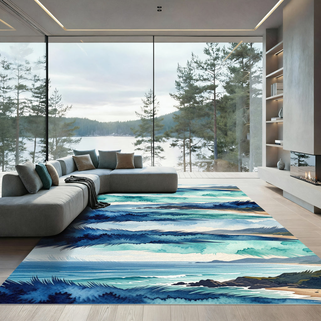 Watercolor Coastal Blue Abstract Wave Imagery Rug