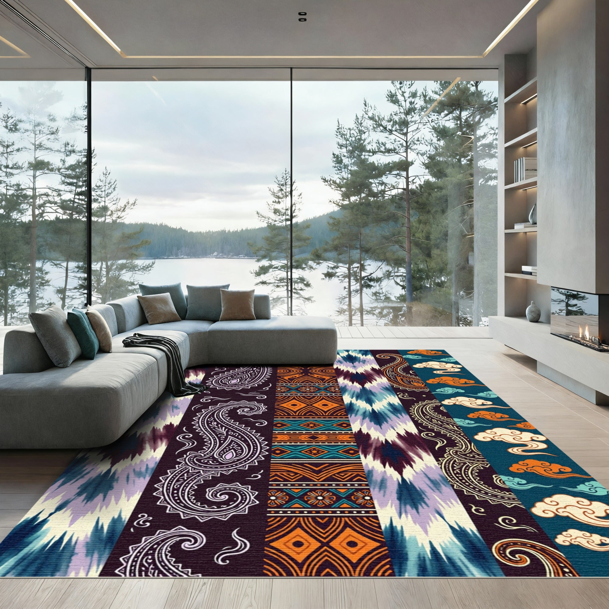 Eclectic Teal Orange Paisley Cloud Strips Rug