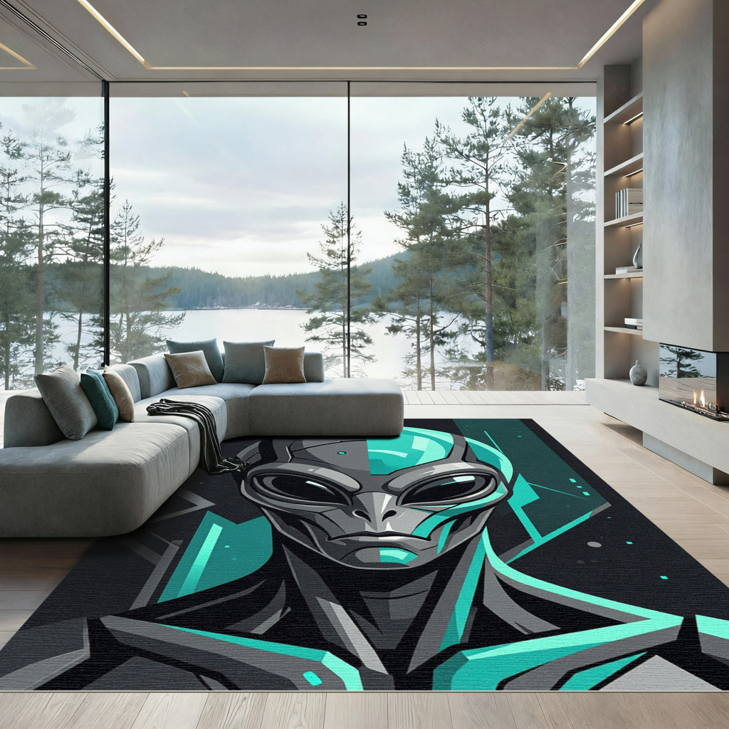 Futuristic Teal Gray Cyborg Alien Portrait Rug