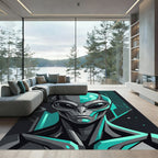 Futuristic Teal Gray Cyborg Alien Portrait Rug