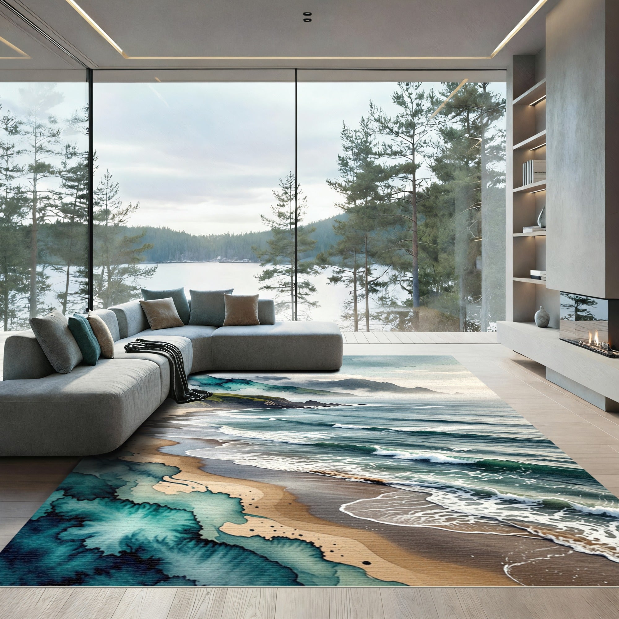 Misty Coastal Mountain Shore Watercolor Rug