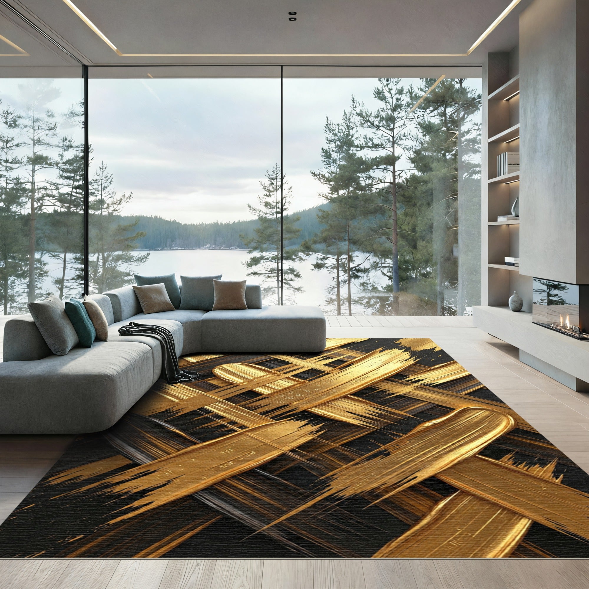 Abstract Metallic Gold Black Brushstroke Rug