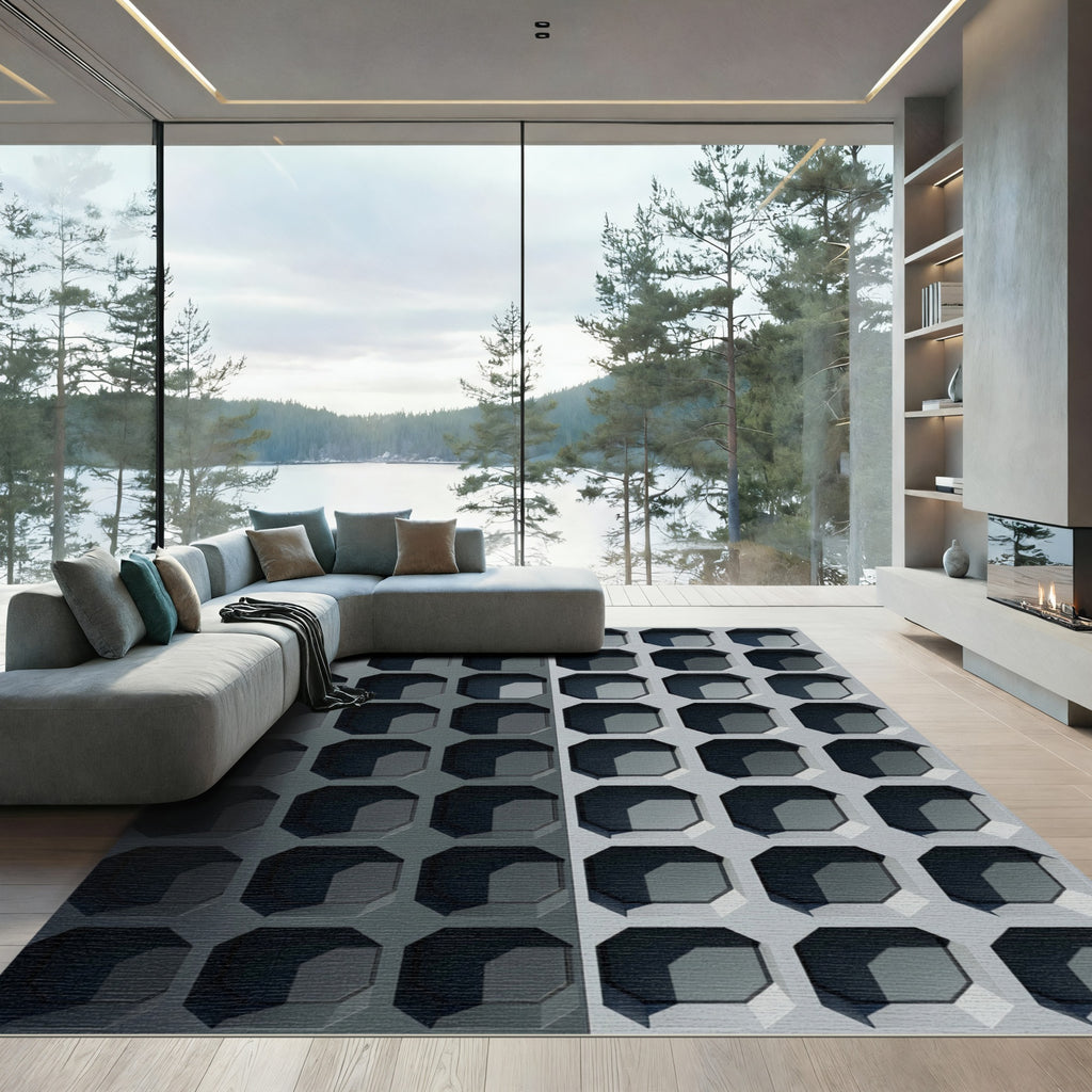 Monochrome Geometric Octagonal Grid Texture Rug