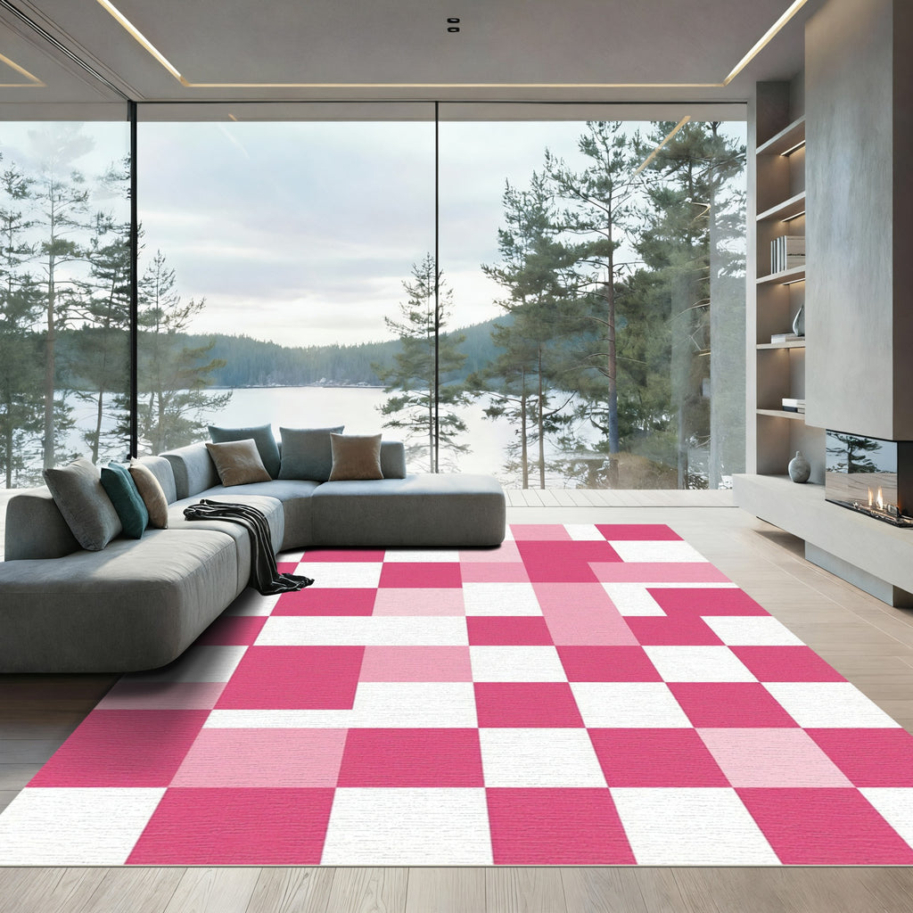 Modern Pink and White Geometric Checkerboard Rug