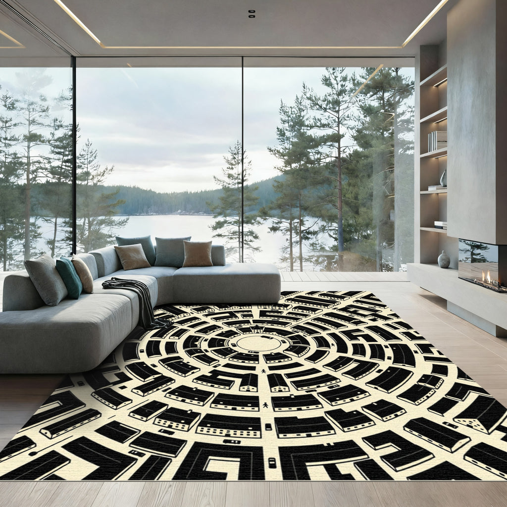 Circular Black and Cream Urban Maze Rug