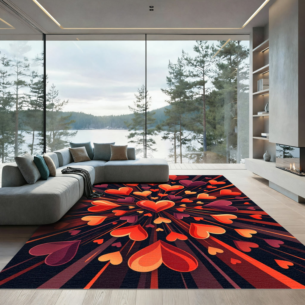 Radiant Crimson Heartburst Abstract Art Rug