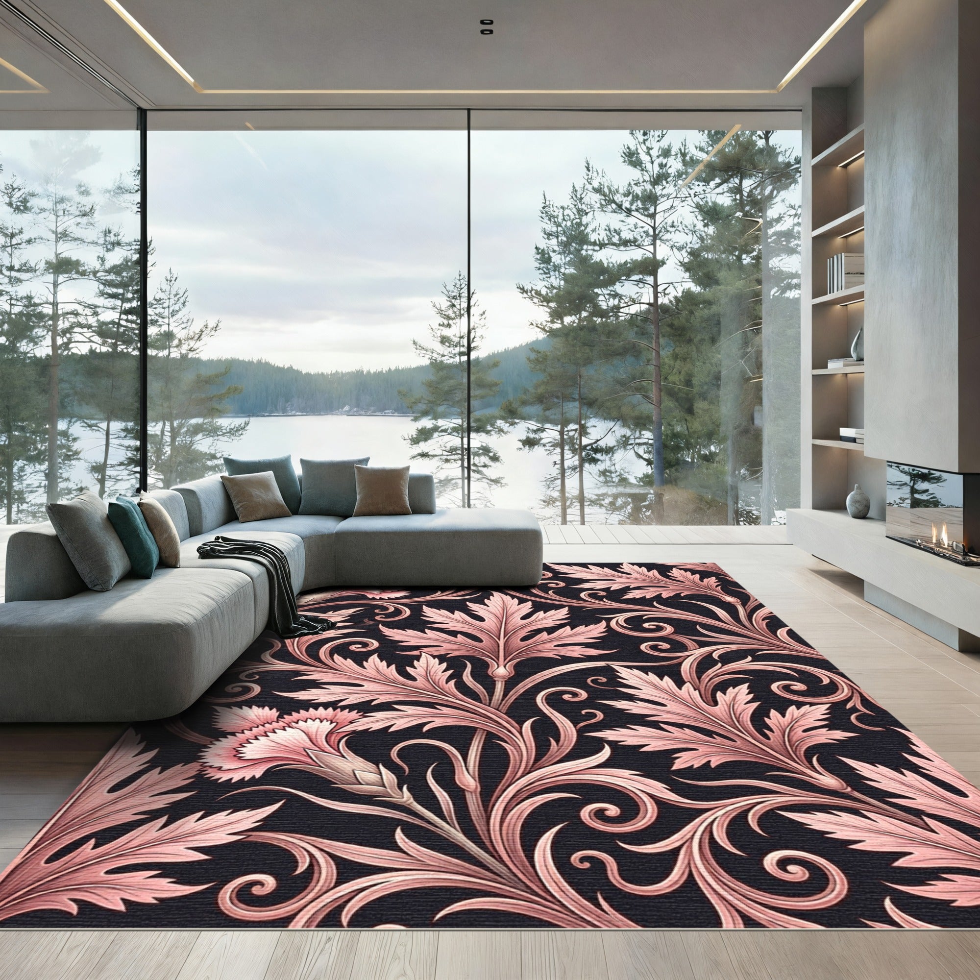 Rose Pink Floral Acanthus Scroll Rug