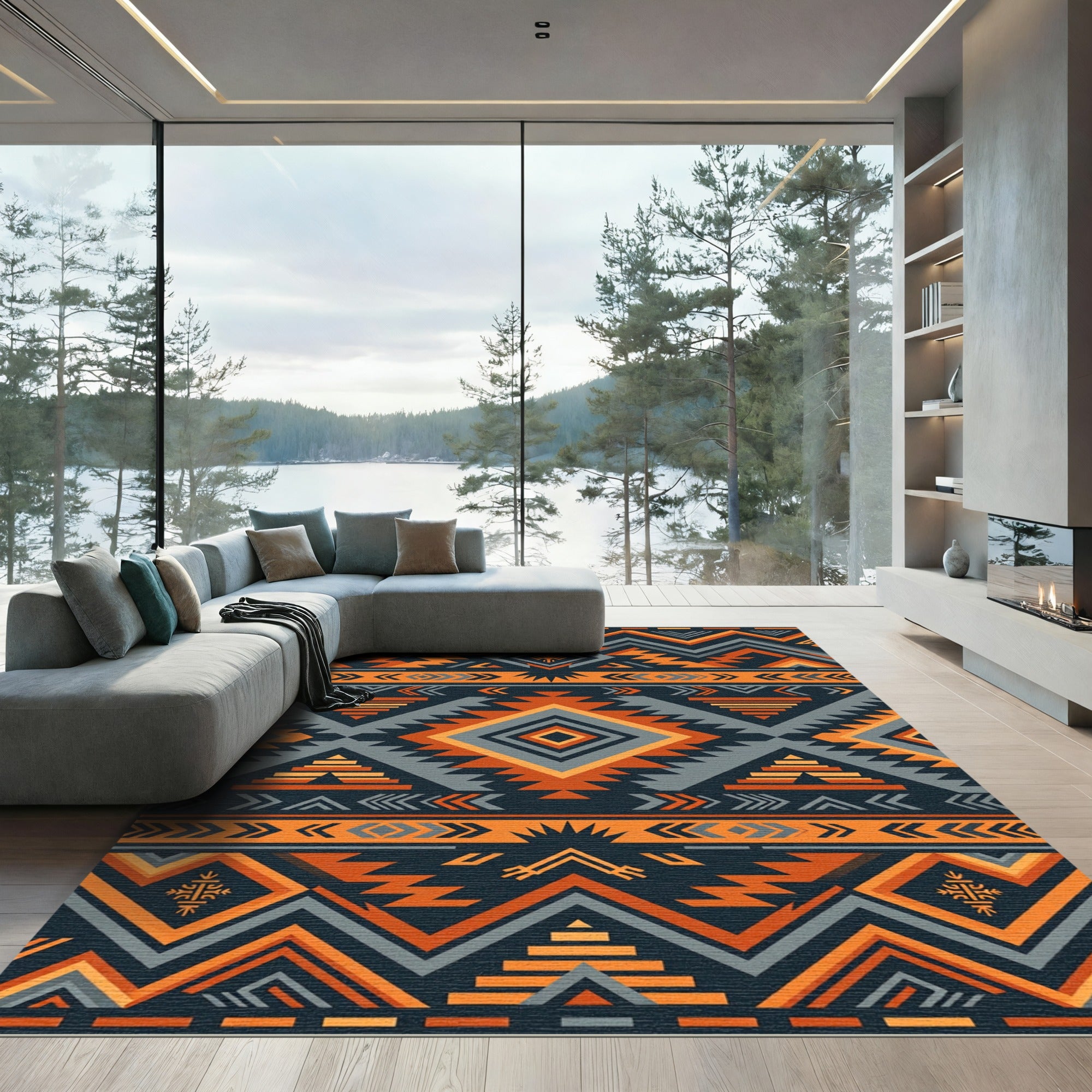 Orange Gray Tribal Geometric Aztec Rug