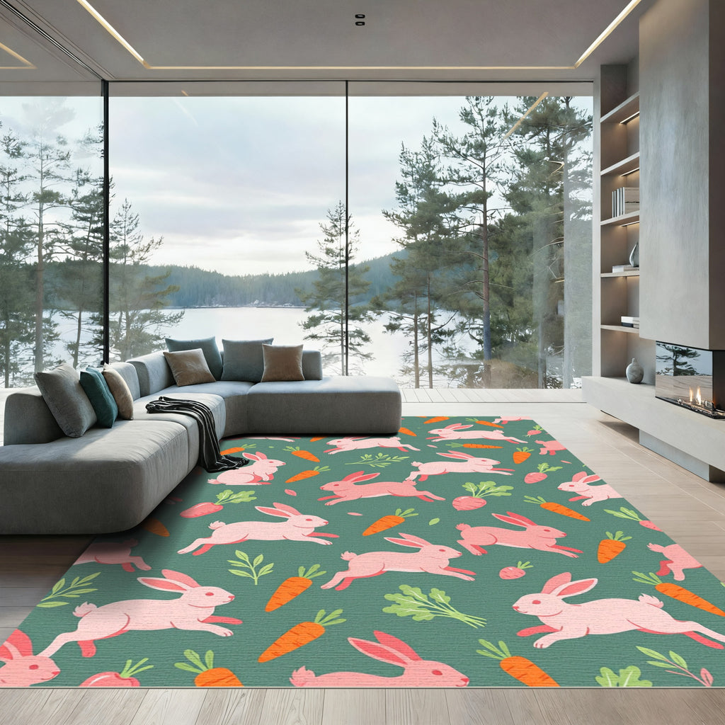 Playful Pink Bunny and Carrot Illustration Rug