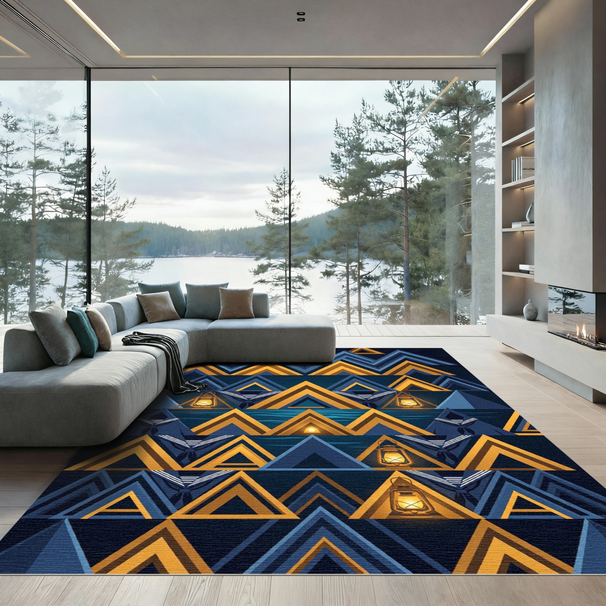 Geometric Golden Lantern Navy Mountain Rug