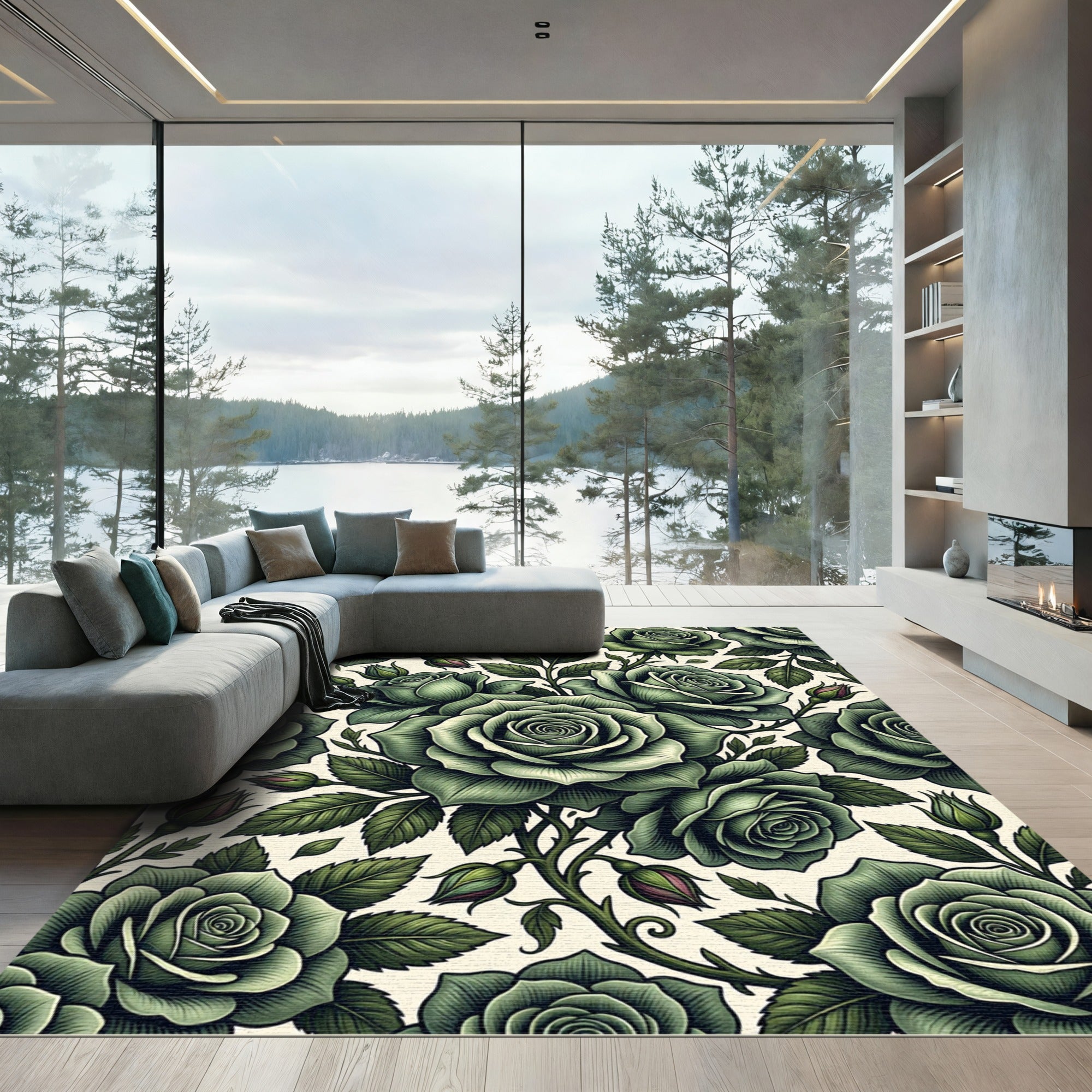 Elegant Sage Green Rose Floral Illustration Rug