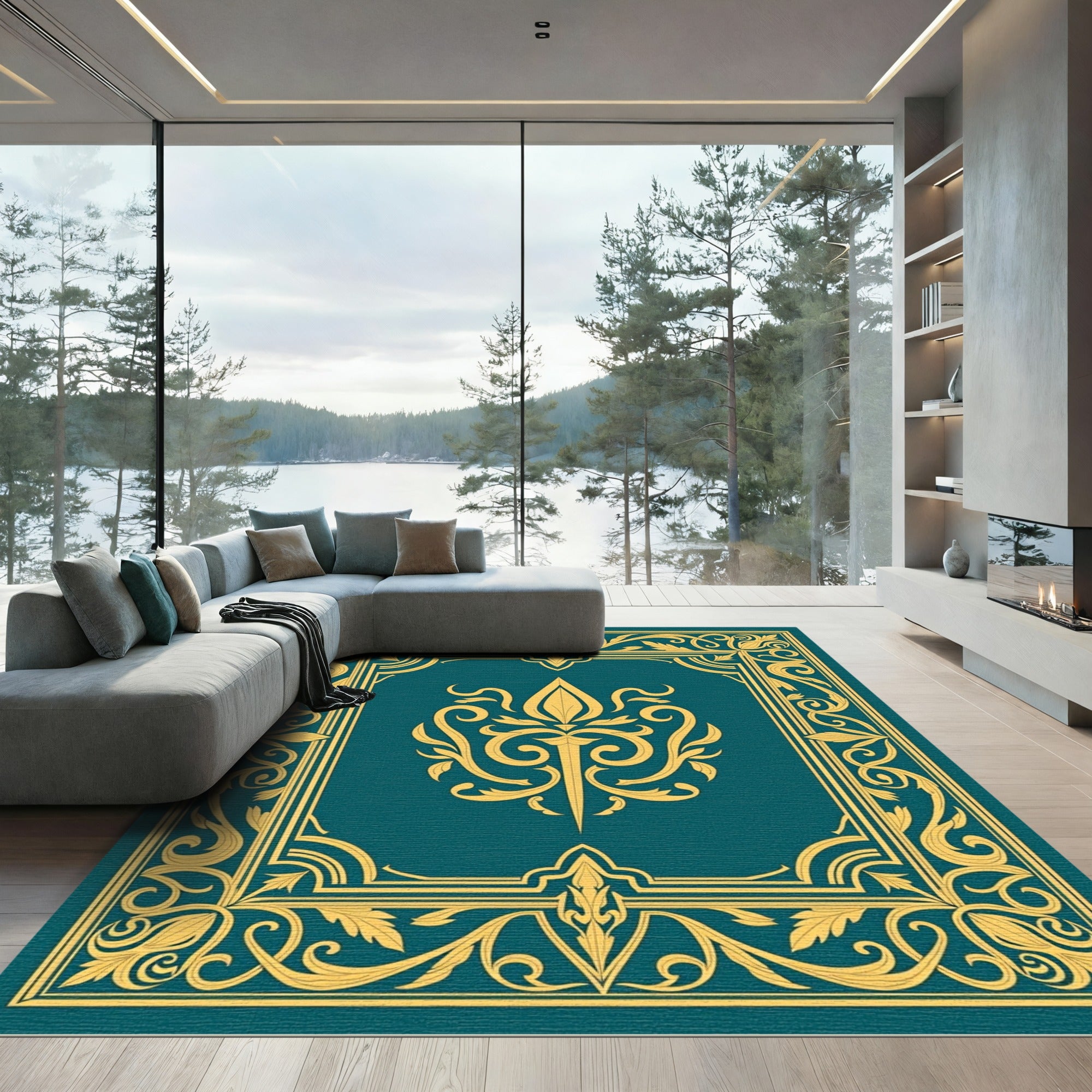 Regal Gold Floral Teal Frame Rug
