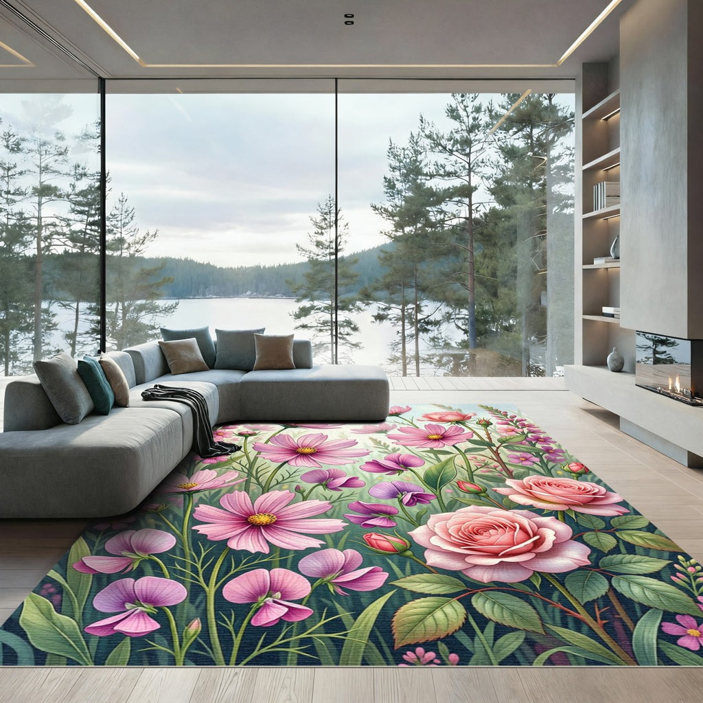 Soft Pink Botanical Garden Floral Rug